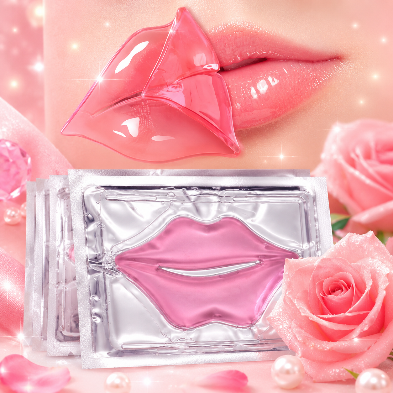 Parche labial de ácido hialurónico rosa para hidratar labios.
