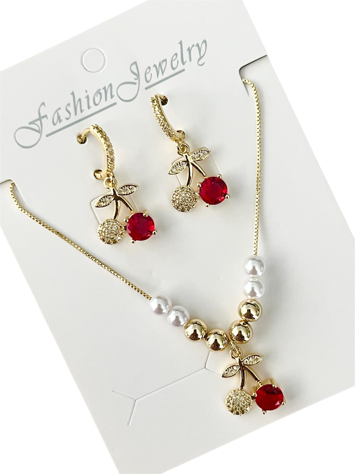 Set cerezas aretes, dije y cadena ajustable 🍒/ Oro laminado 18K
