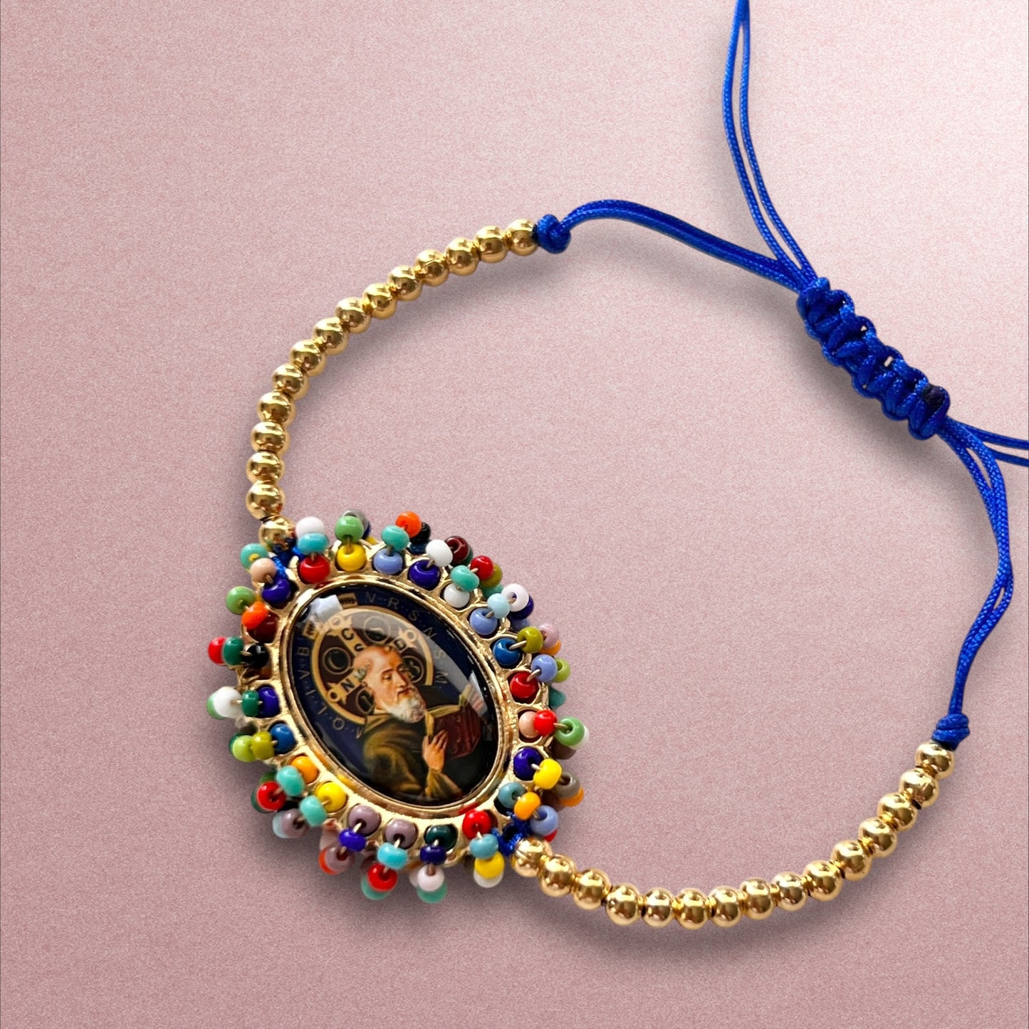 Pulsera de hilo San Benito / Chapa de Oro 14k