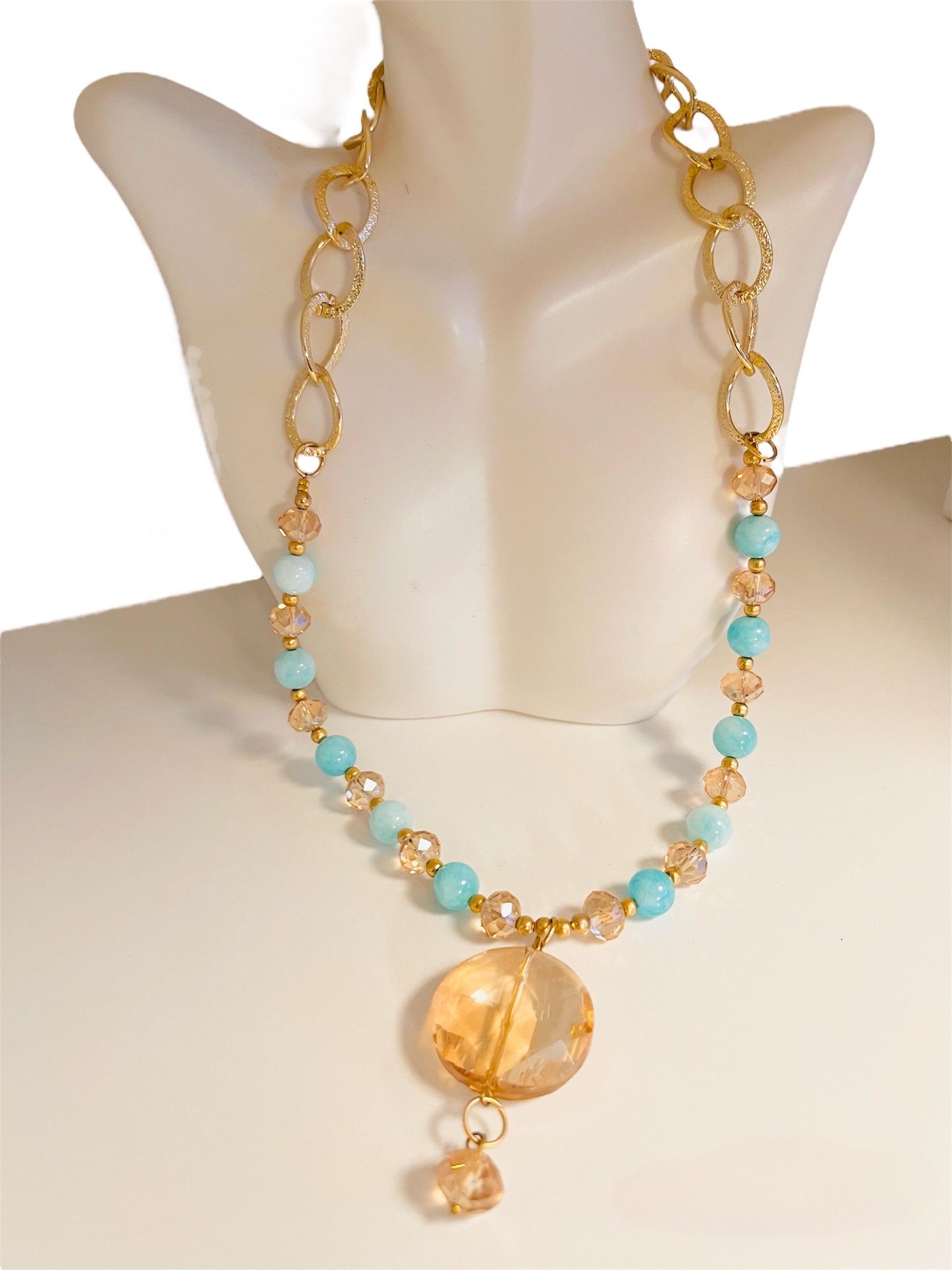 Crystal and natural stone necklace / 14K gold plated