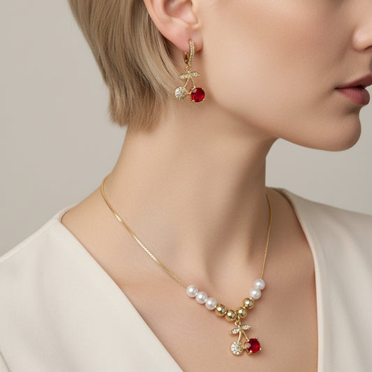 Set cerezas aretes, dije y cadena ajustable 🍒/ Oro laminado 18K