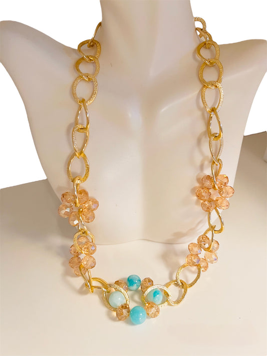 Crystal and natural stone necklace / 14K gold plated