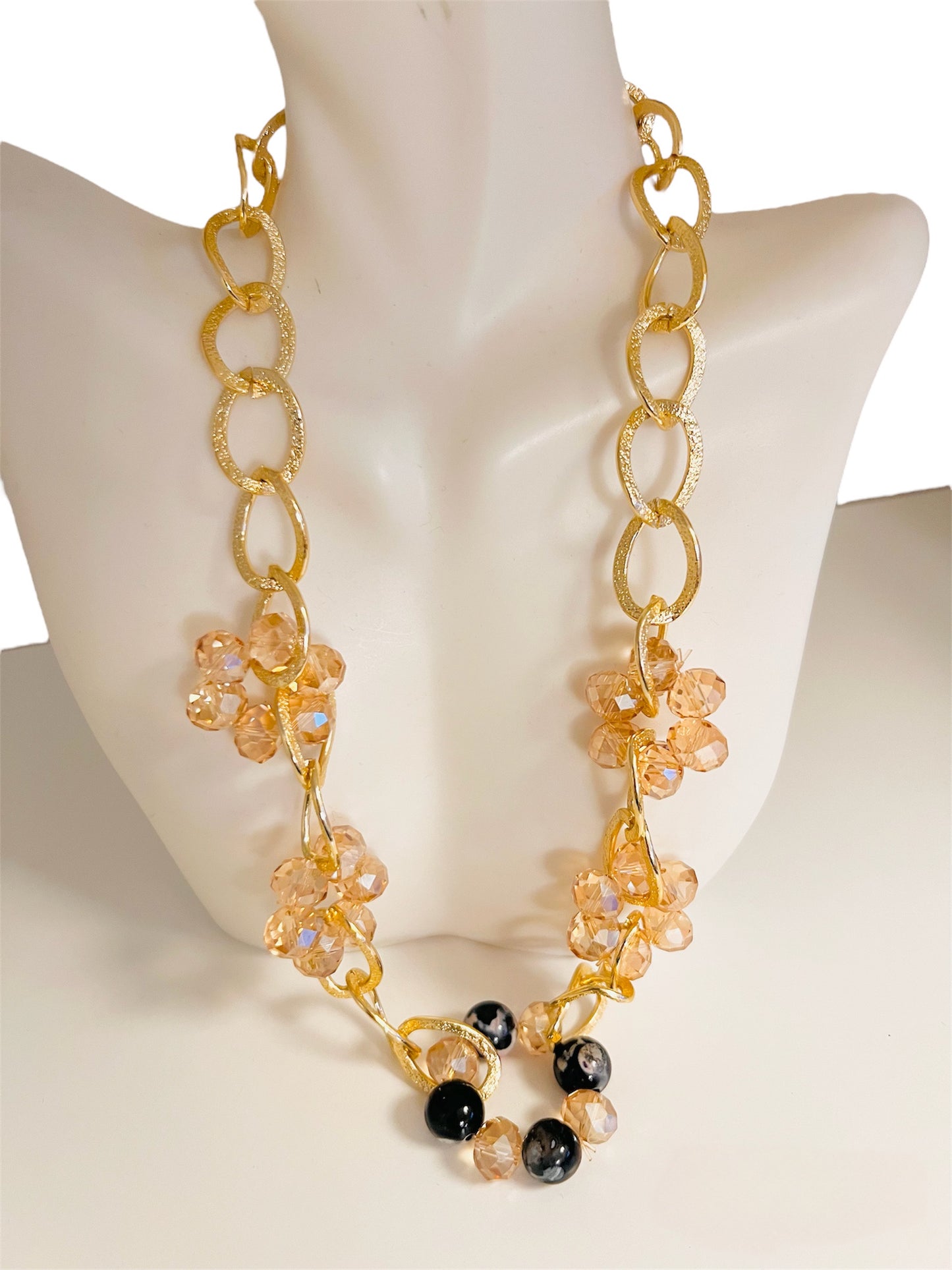 Crystal and natural stone necklace / 14K gold plated