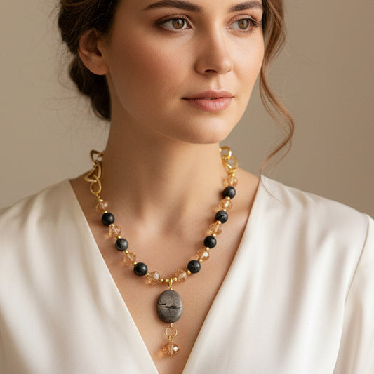 Collar Cristal y piedra natural / Chapa de Oro 14K