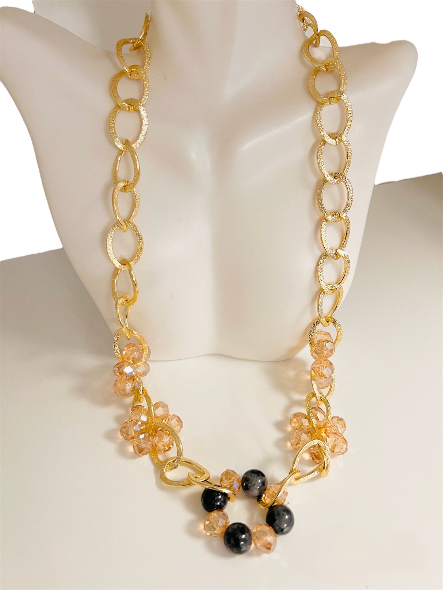 Crystal and natural stone necklace / 14K gold plated