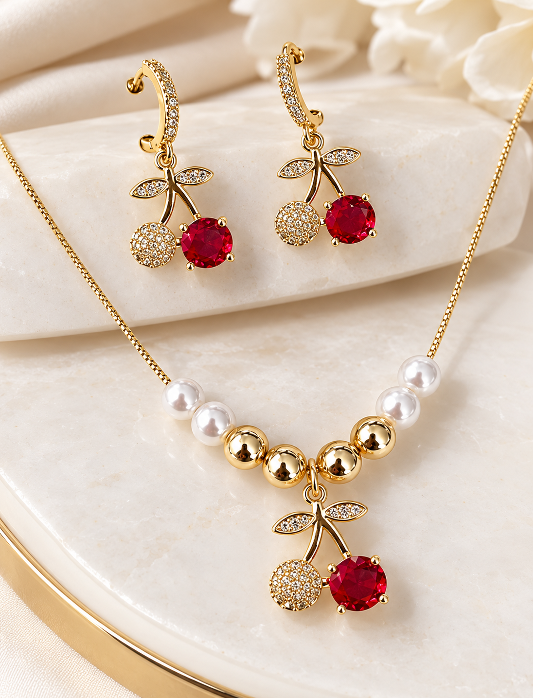 Set cerezas aretes, dije y cadena ajustable 🍒/ Oro laminado 18K