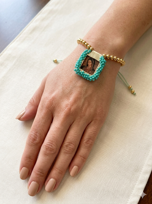 Pulsera de hilo Virgen de Guadalupe / Chapa de Oro 14k