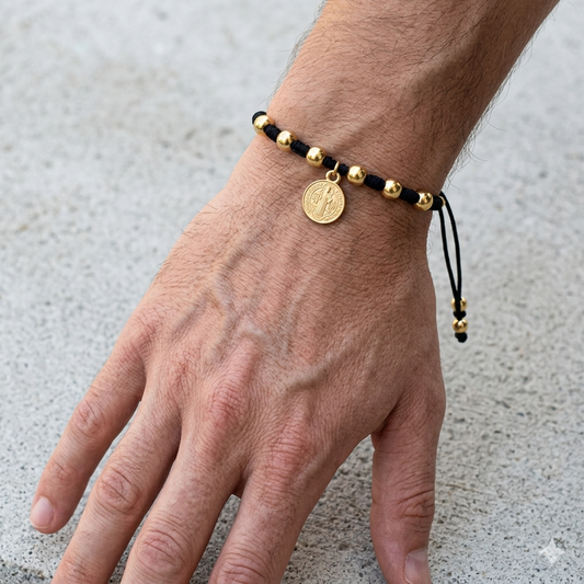 Pulsera de hiloSan Benito  / Chapa de Oro 14K