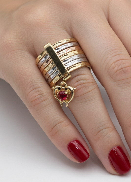 Anillo Corazon Delfines / Oro Lminado 18K